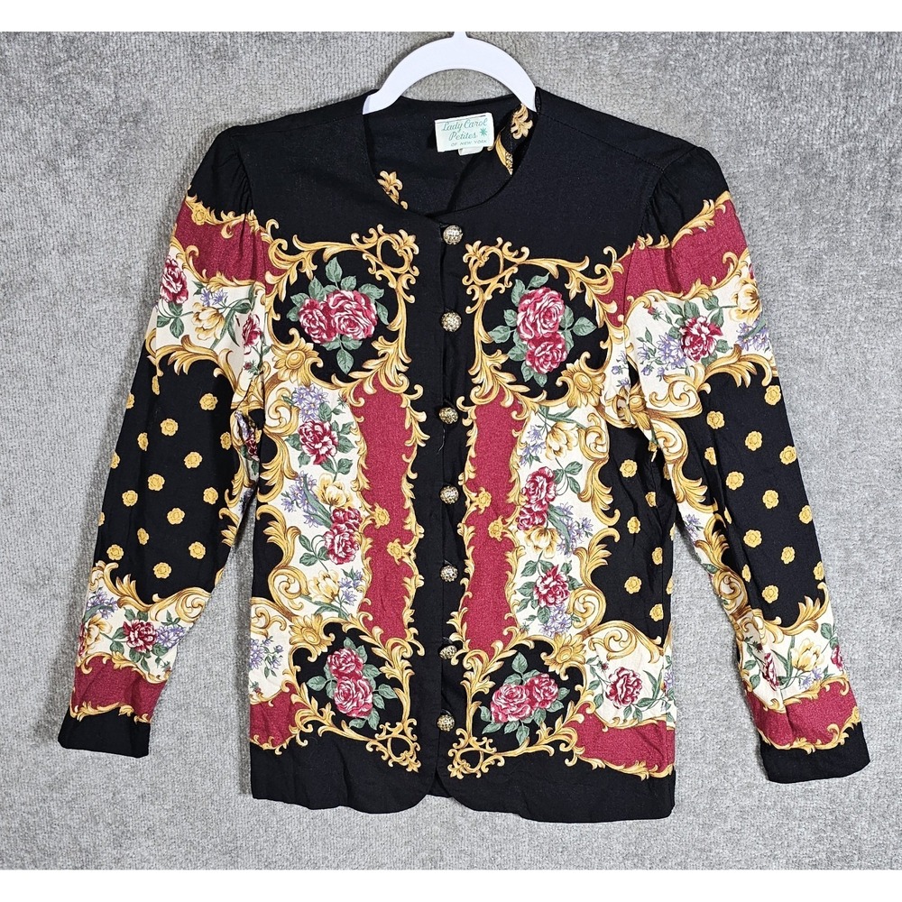 Lady Carol Petites Top Womens Sz 4P Floral Baroque Button Up Blouse USA Made VTG